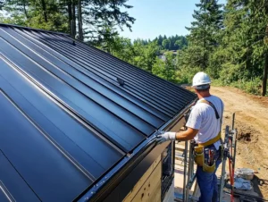 Roofing contractor inspecting a sleek black metal roof