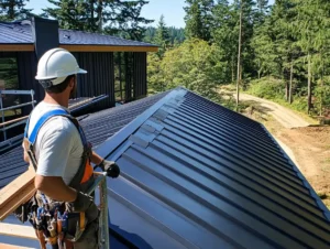 Roofer installing roof