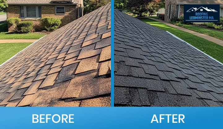 Worn roof replaced with sturdy shingles by Leominster MA roofing specialists.