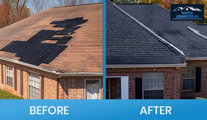 Roof repair featuring before and after shots