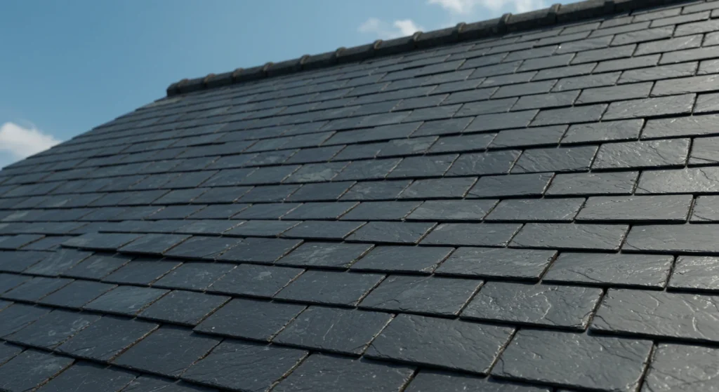 Slate roofing installation in progress, adding luxury and timeless beauty to high-end properties in Leominster, MA.