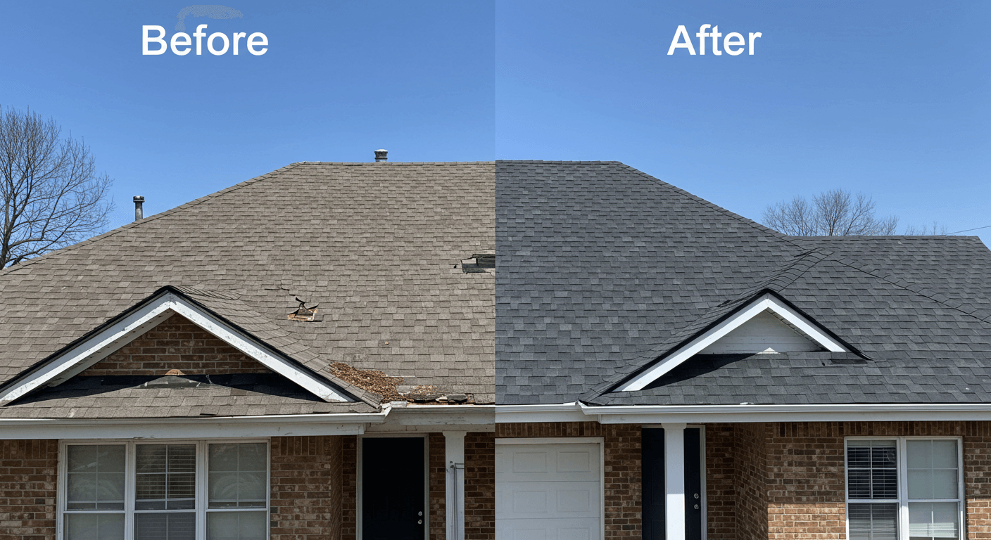 Before and after comparison of asphalt shingle roof repair, showing a damaged roof and a newly installed one.