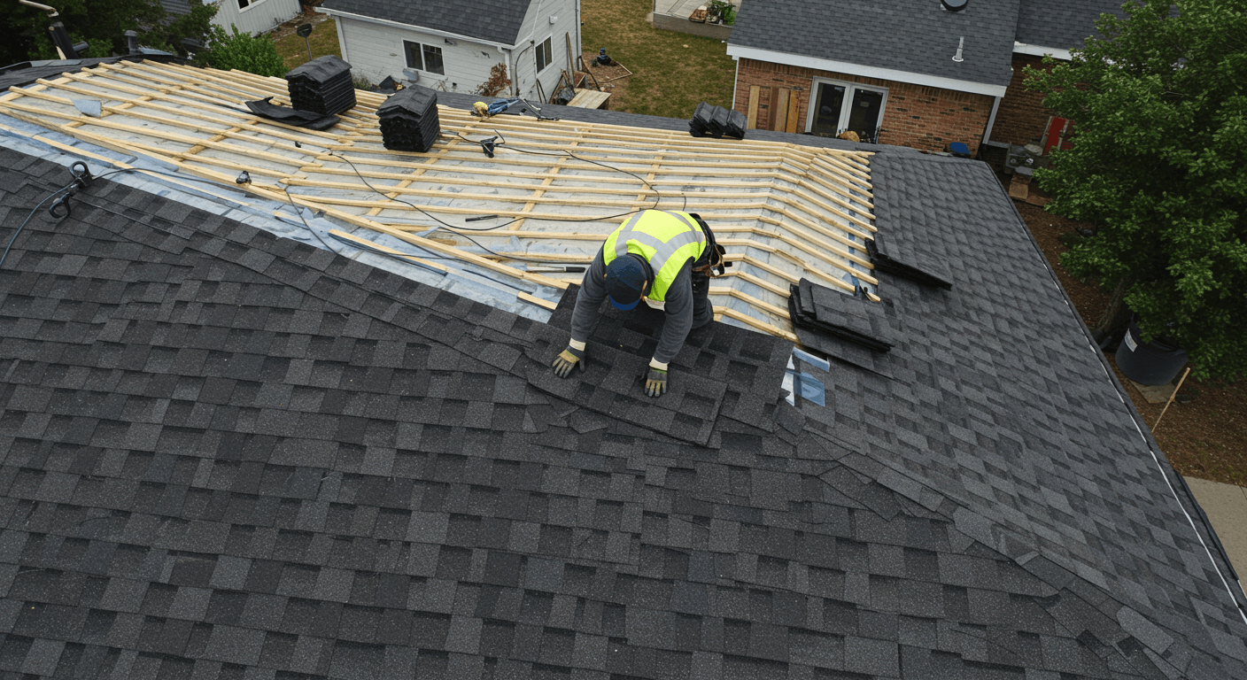 Roofer carefully installing asphalt shingles, showcasing the precise installation process.