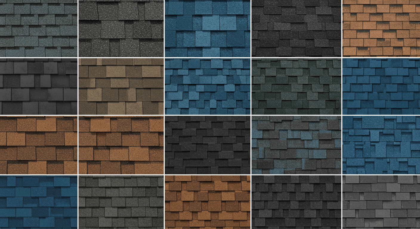 Various styles of asphalt shingles, showcasing a range of colors, textures, and designs for Leominster homes.