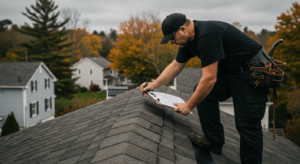 Man performing roof inspection with hammer in Leominster MA