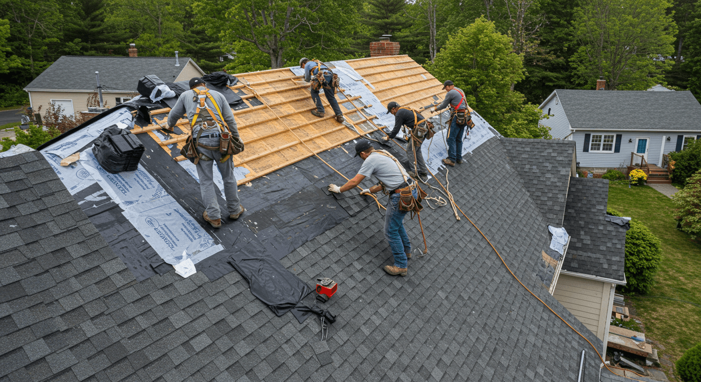 Professional Roofing Team Replacing Shingles in Leominster, MA Neighborhood