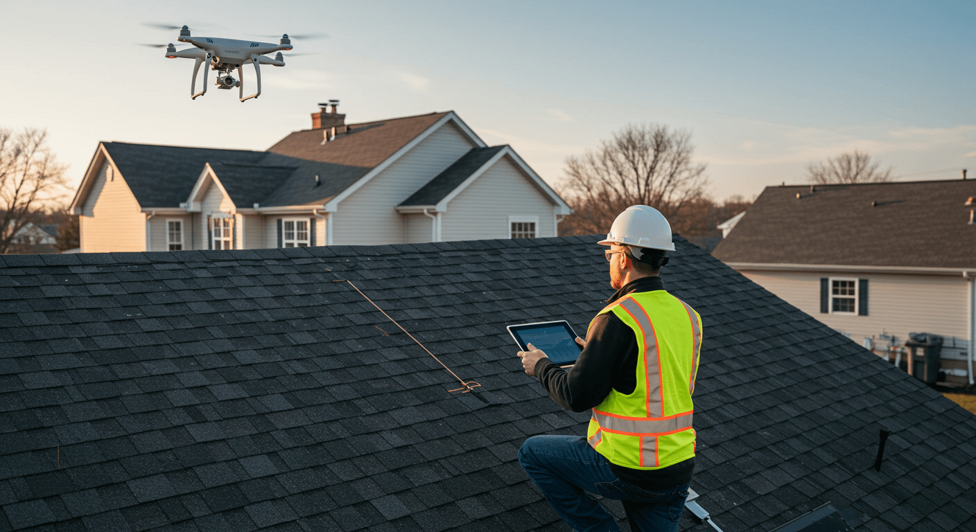 Roofer inspecting a roof with a drone in Leominster, viewing data on a tablet during a clear day.