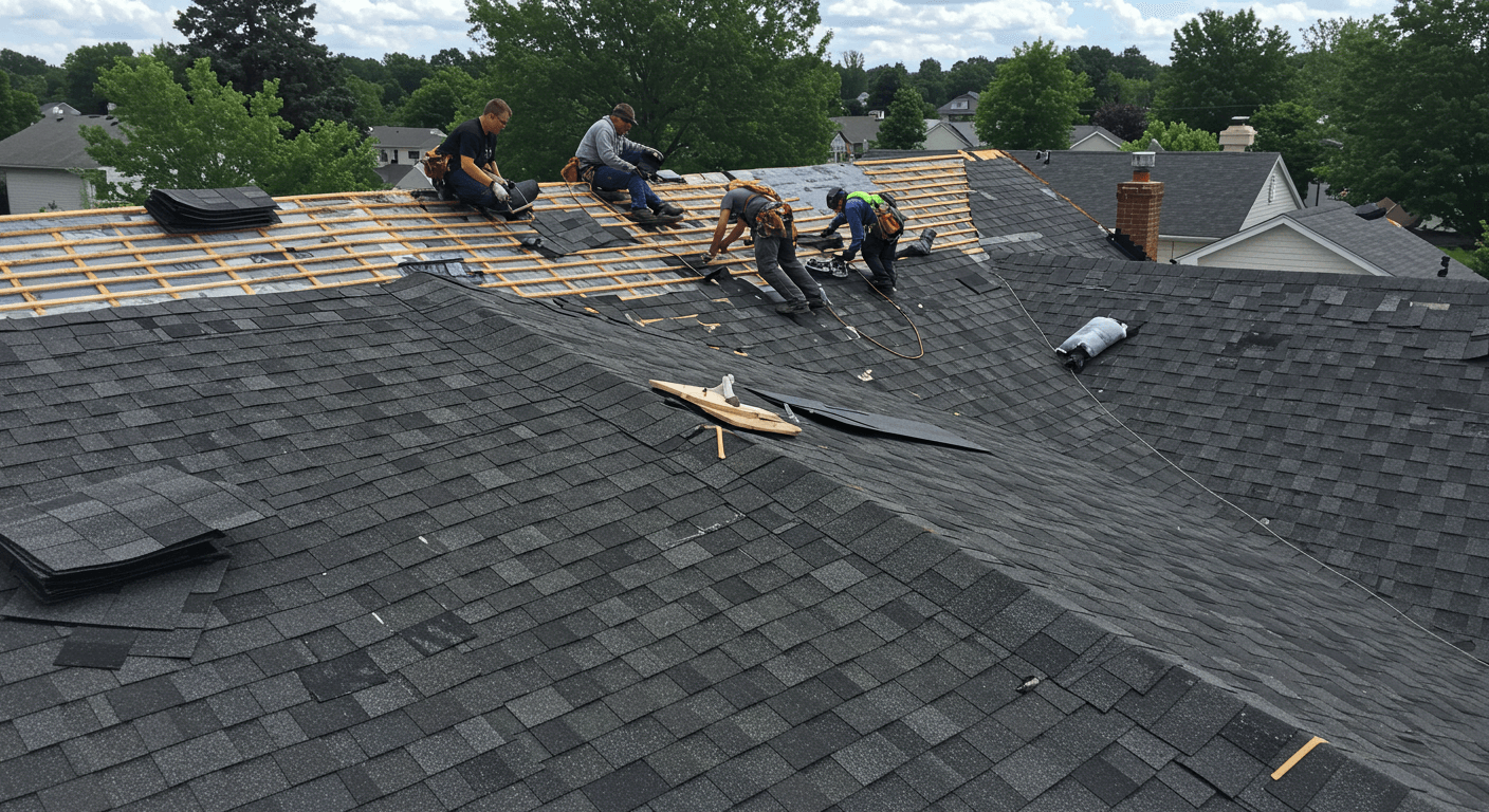 Roofer replacing shingles on a residential roof in Leominster.