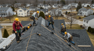 Roofers installing asphalt shingles on a residential roof in Leominster, MA, on a clear, sunny day.