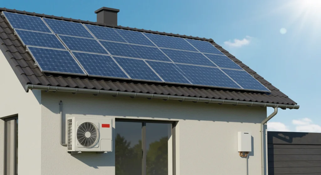 Modern house with rooftop solar panels and exterior air conditioning units.