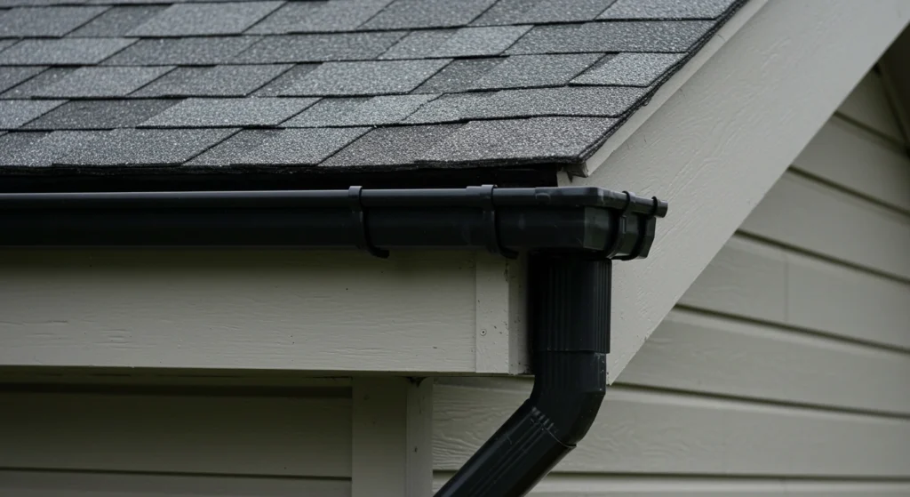 Black drip edge installed along the edge of a grey shingle roof.