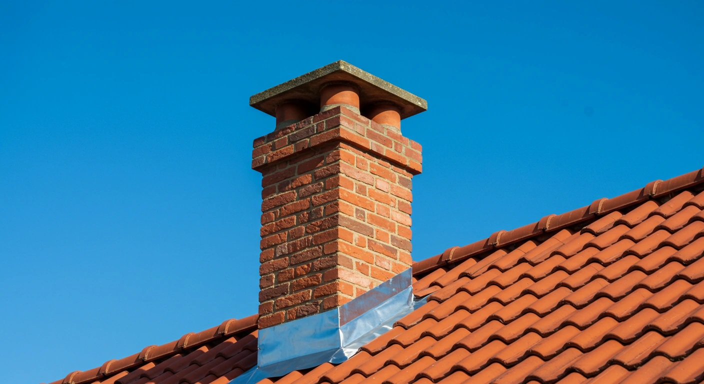 Brick chimney with metal flashing on a red tile roof.