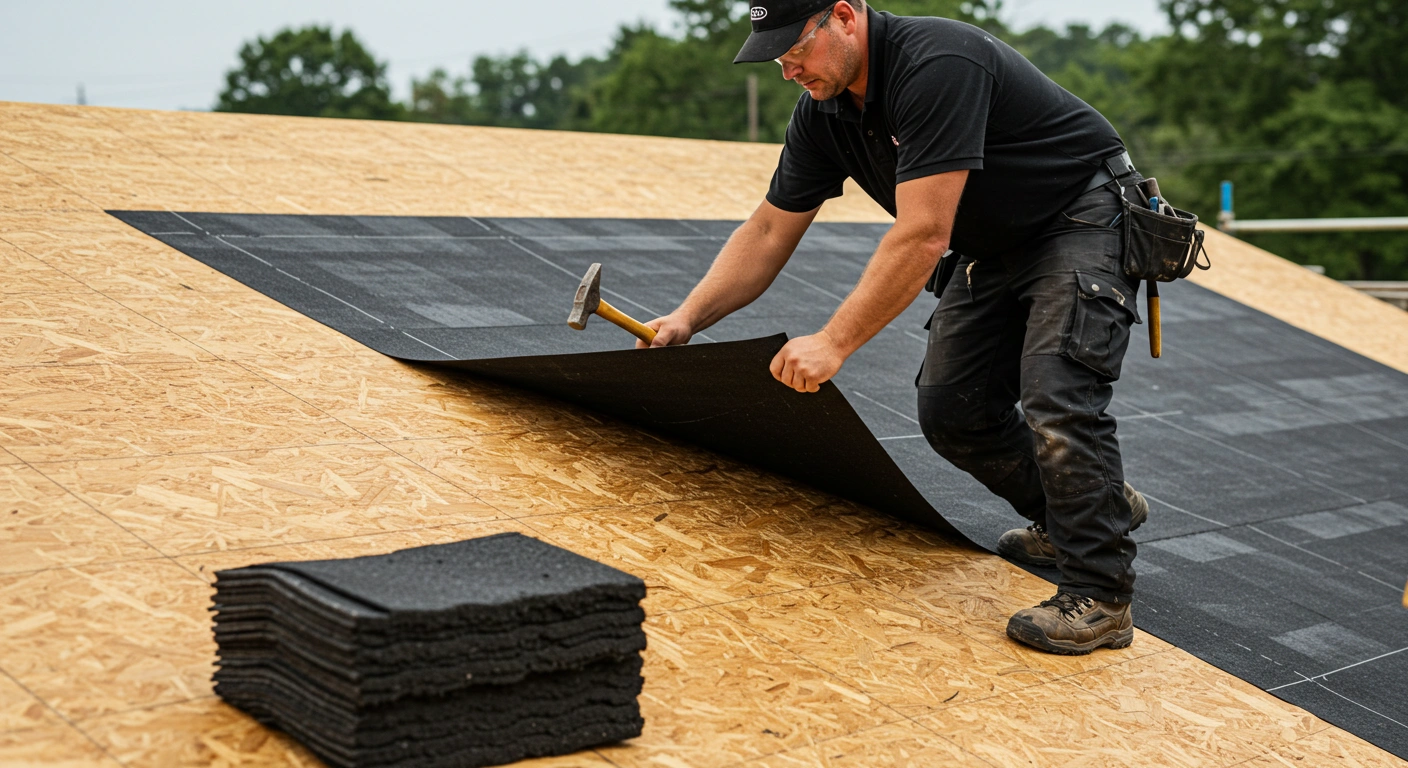 Roofer installing black underlayment sheets over a wooden roof deck.