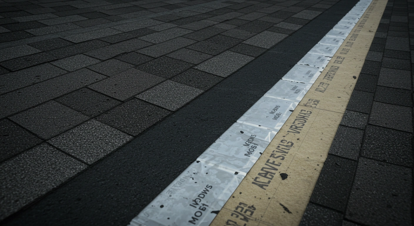 Close-up of roof valley with starter strips and waterproof protection layer.