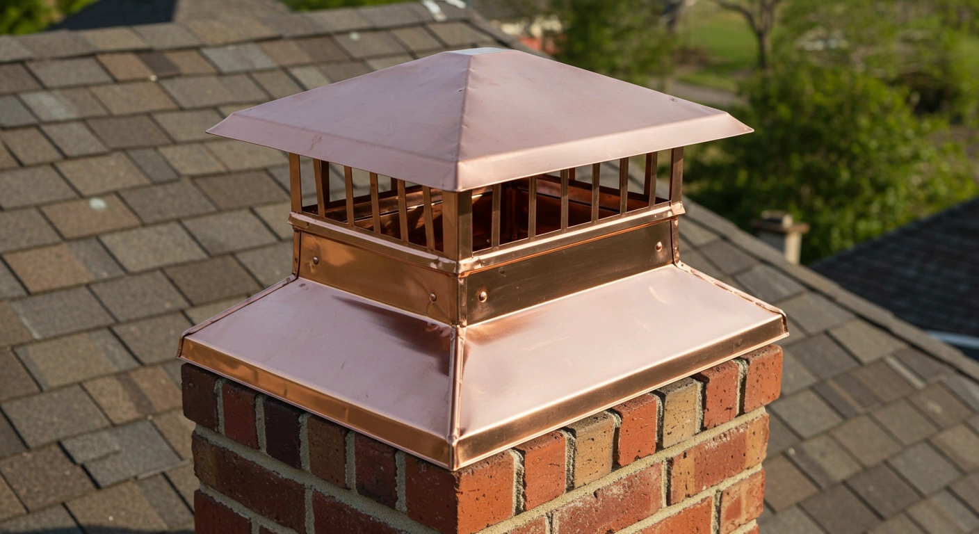 Brick chimney with newly installed copper crown and cap.