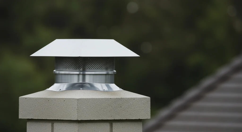 Close-up of a newly installed metal chimney cap on a masonry chimney.