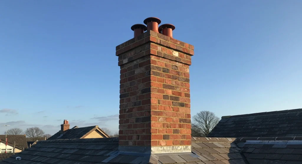 Brick chimney with new flashing installed on a shingle roof.