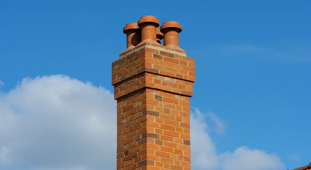 Brick chimney with fresh mortar joints under a blue sky.