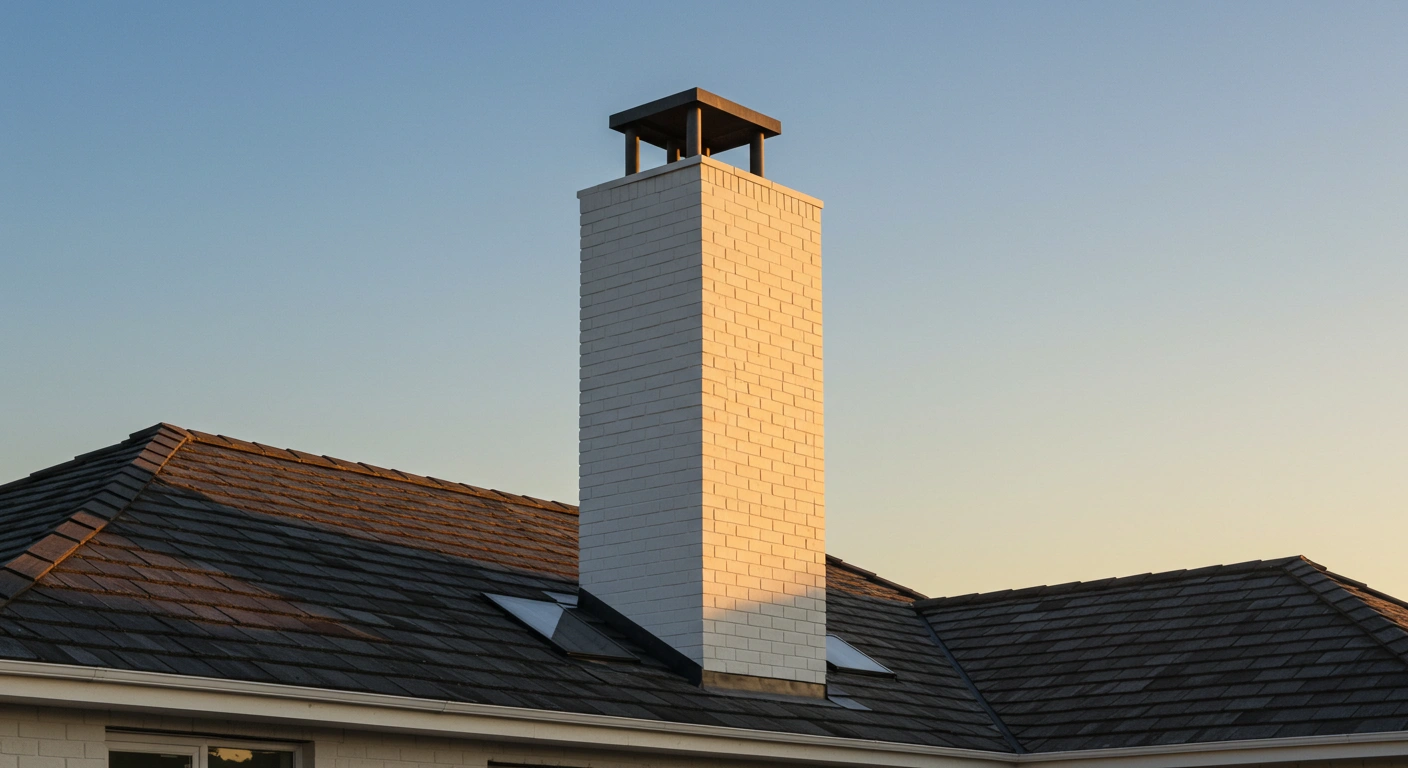 White brick chimney with metal cap on a residential roof at sunset.