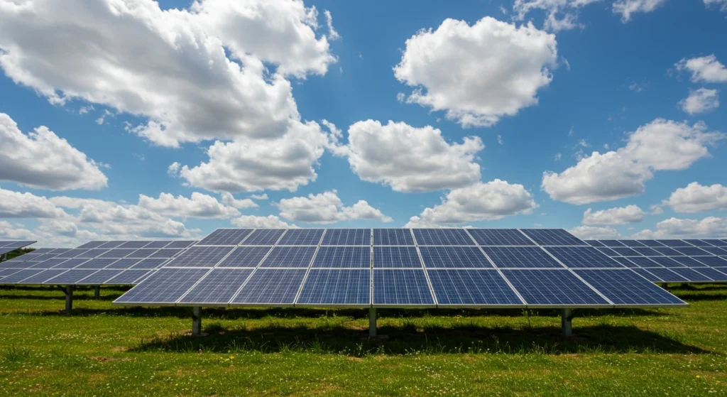 Ground-mounted solar panel arrays under a bright blue sky with clouds.