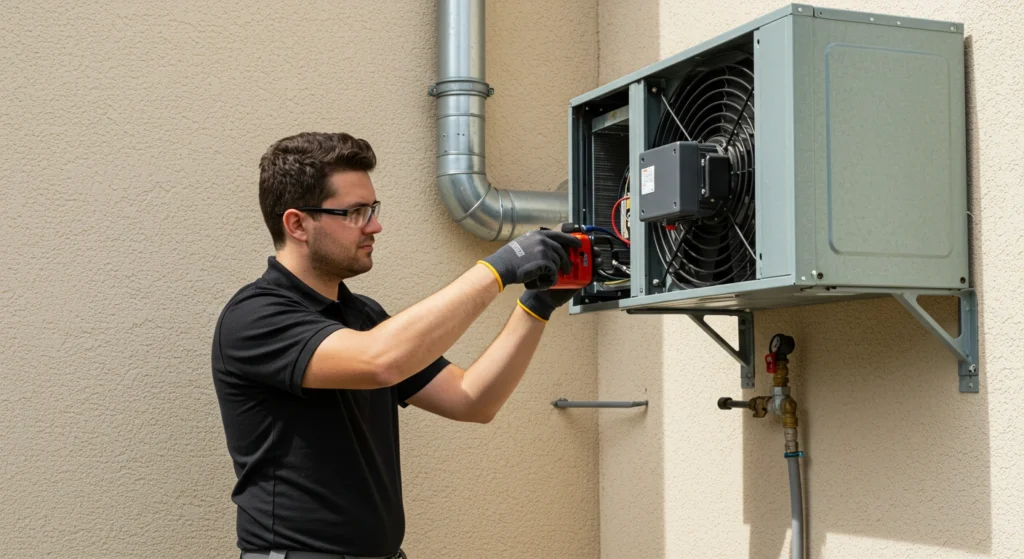 Technician repairing a roof ventilation system on a home exterior.