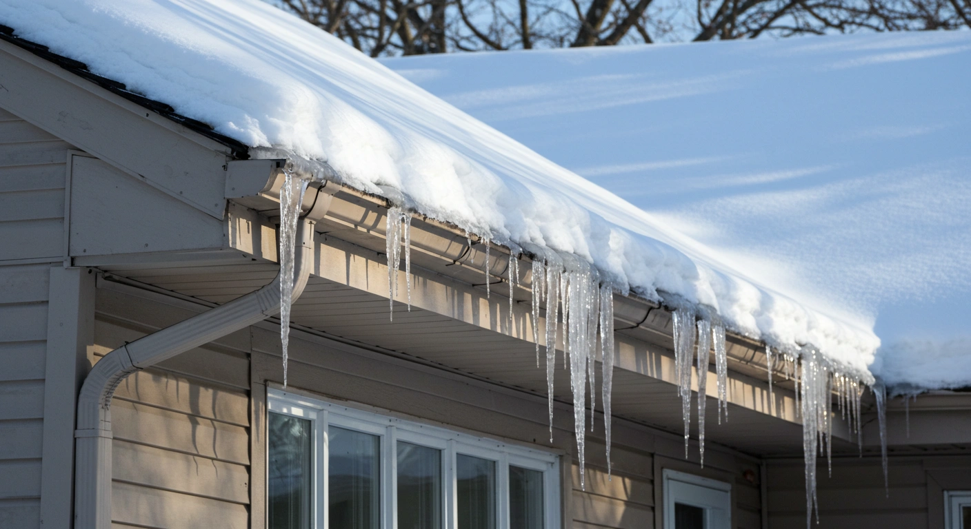 Roof edge with icicles and ice dam formation in winter.