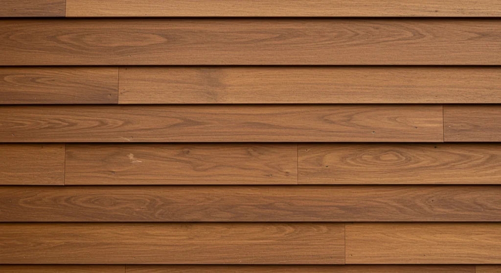 Close-up view of natural wood siding panels on a home exterior.