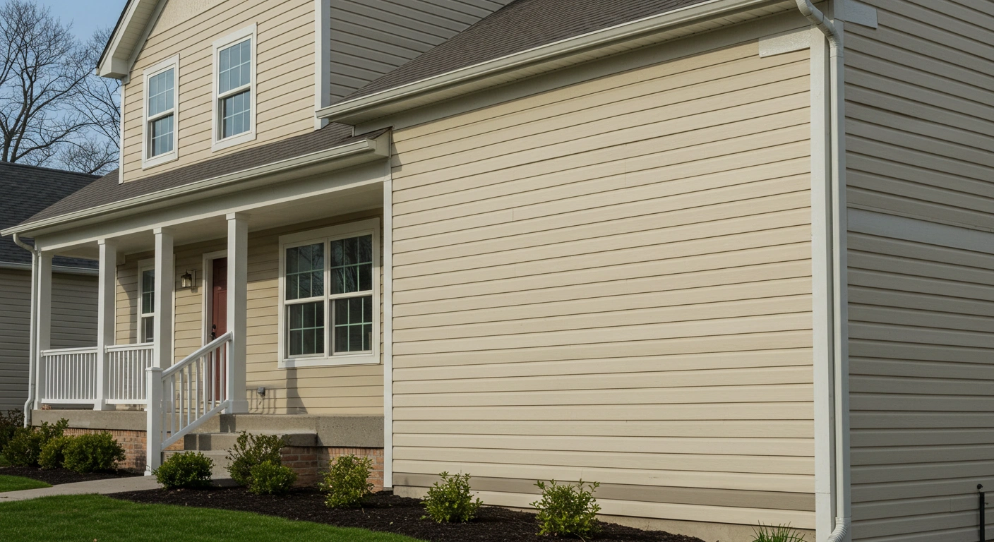 Beige vinyl siding on a two-story home with white trim and front porch.