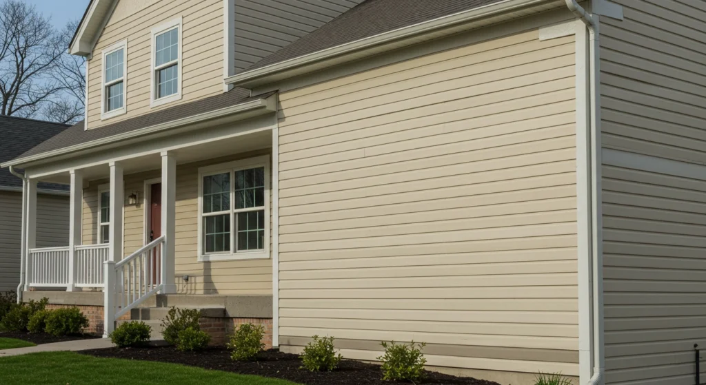 Beige vinyl siding on a two-story home with white trim and front porch.