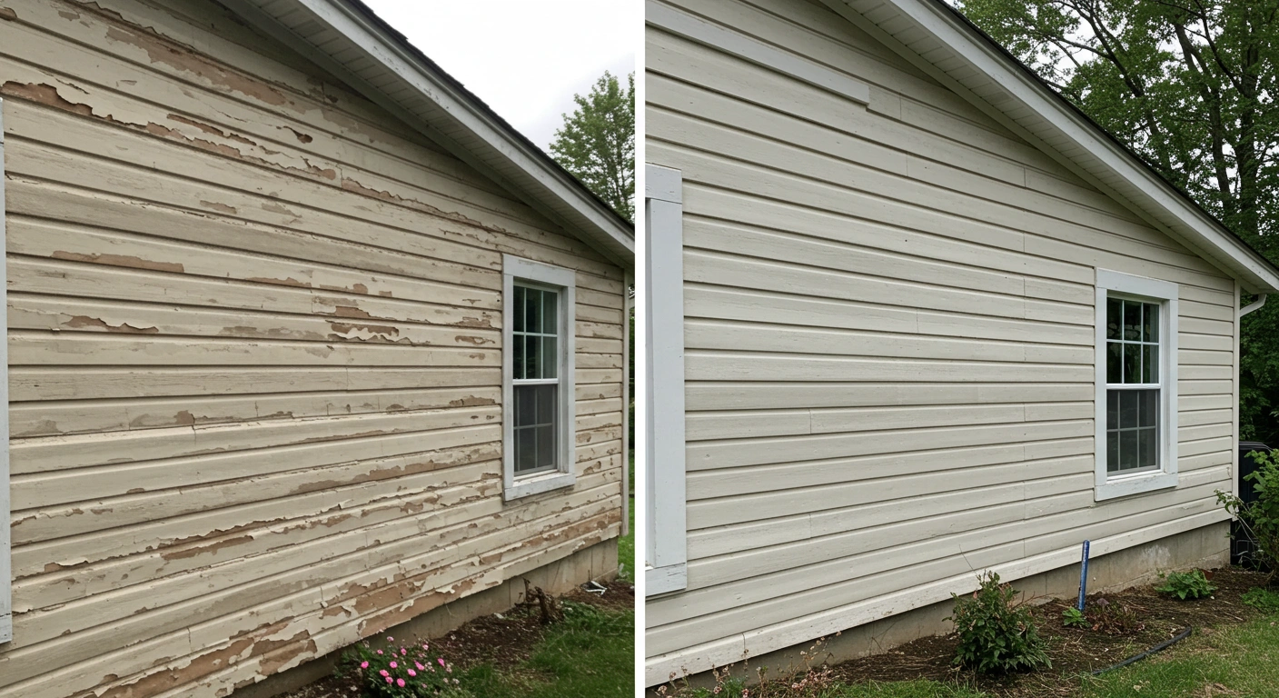 Side-by-side of a house exterior before with worn siding and after with new beige vinyl siding.