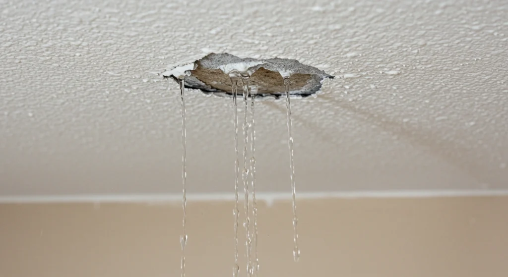 Ceiling with water leak damage showing water dripping from a hole.