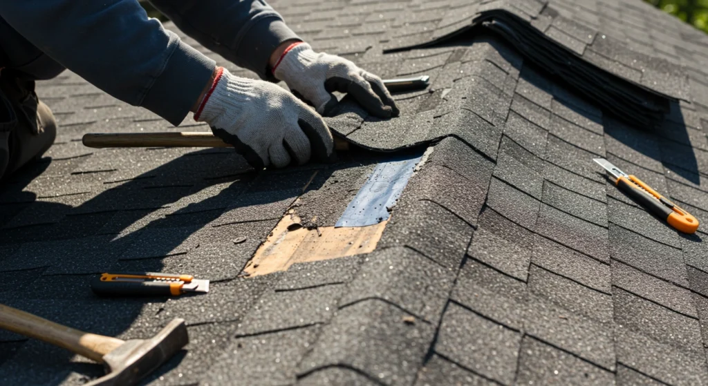 Roofer replacing damaged shingles on a residential roof.
