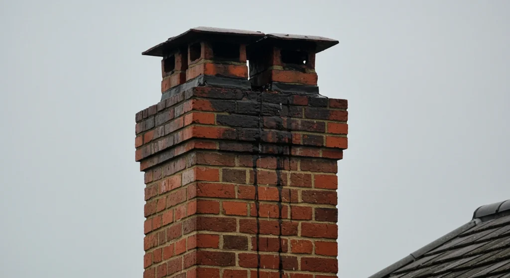 Brick chimney with visible water stains indicating flashing leaks.