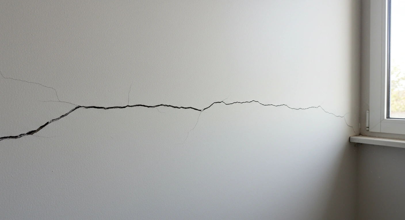 Interior wall with a large horizontal crack near a window.