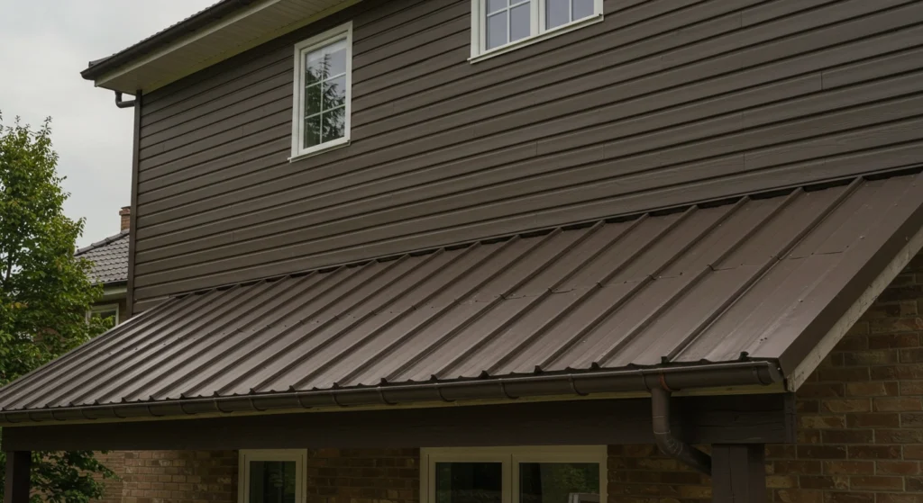 Modern home with dark brown aluminum siding and metal roof.