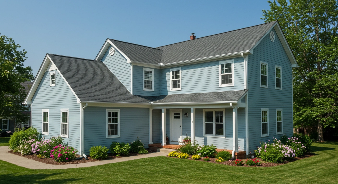Light blue two-story house with new siding and landscaped front yard.