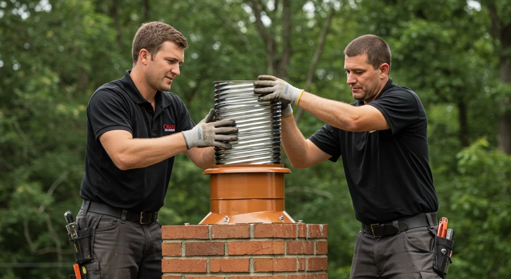 Two technicians installing a flexible metal chimney liner on a brick chimney.