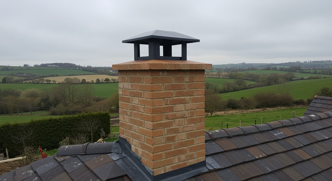 Brick chimney fitted with a black metal chimney cap.