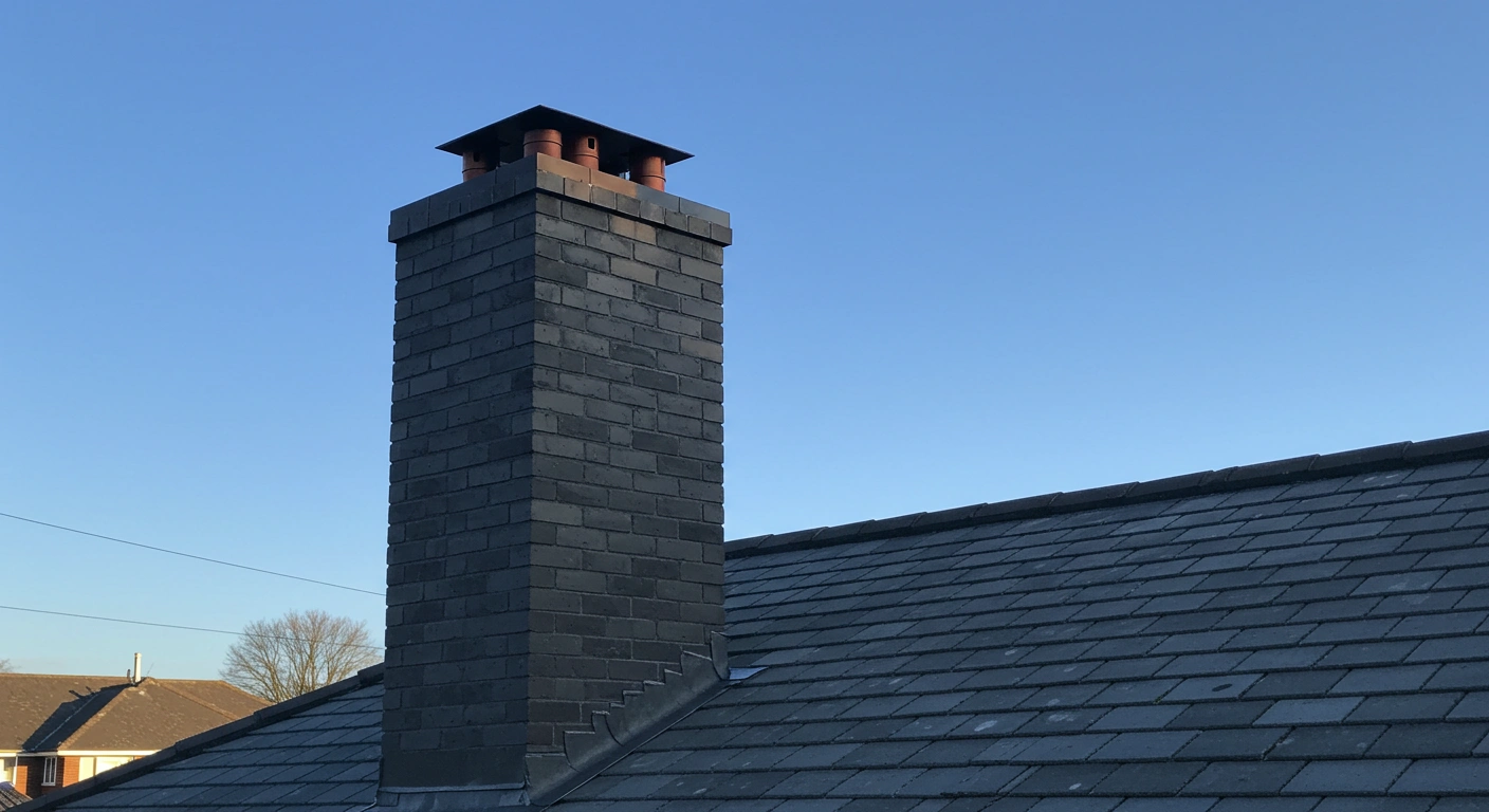 Dark stone chimney with twin clay chimney pots.