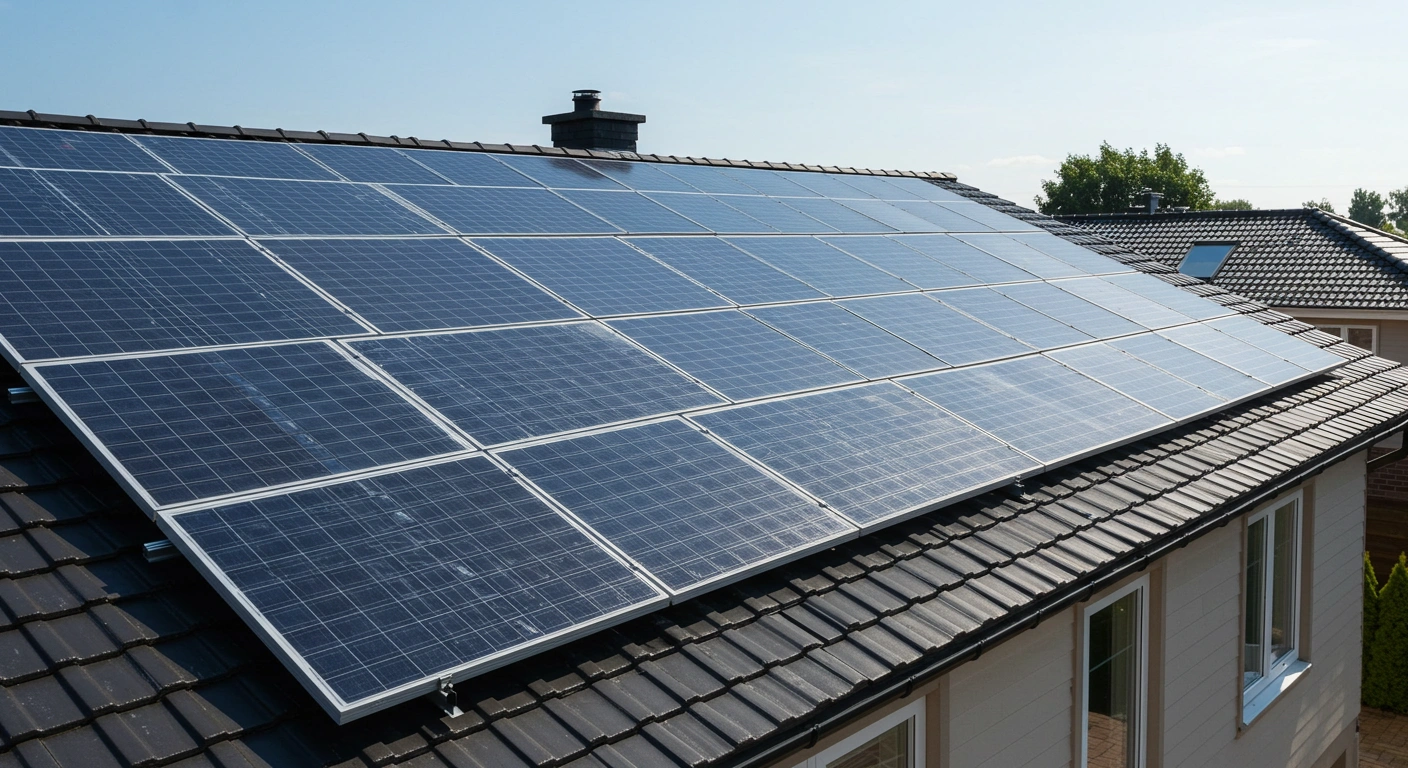 Rooftop solar panels installed on a residential home under clear skies.