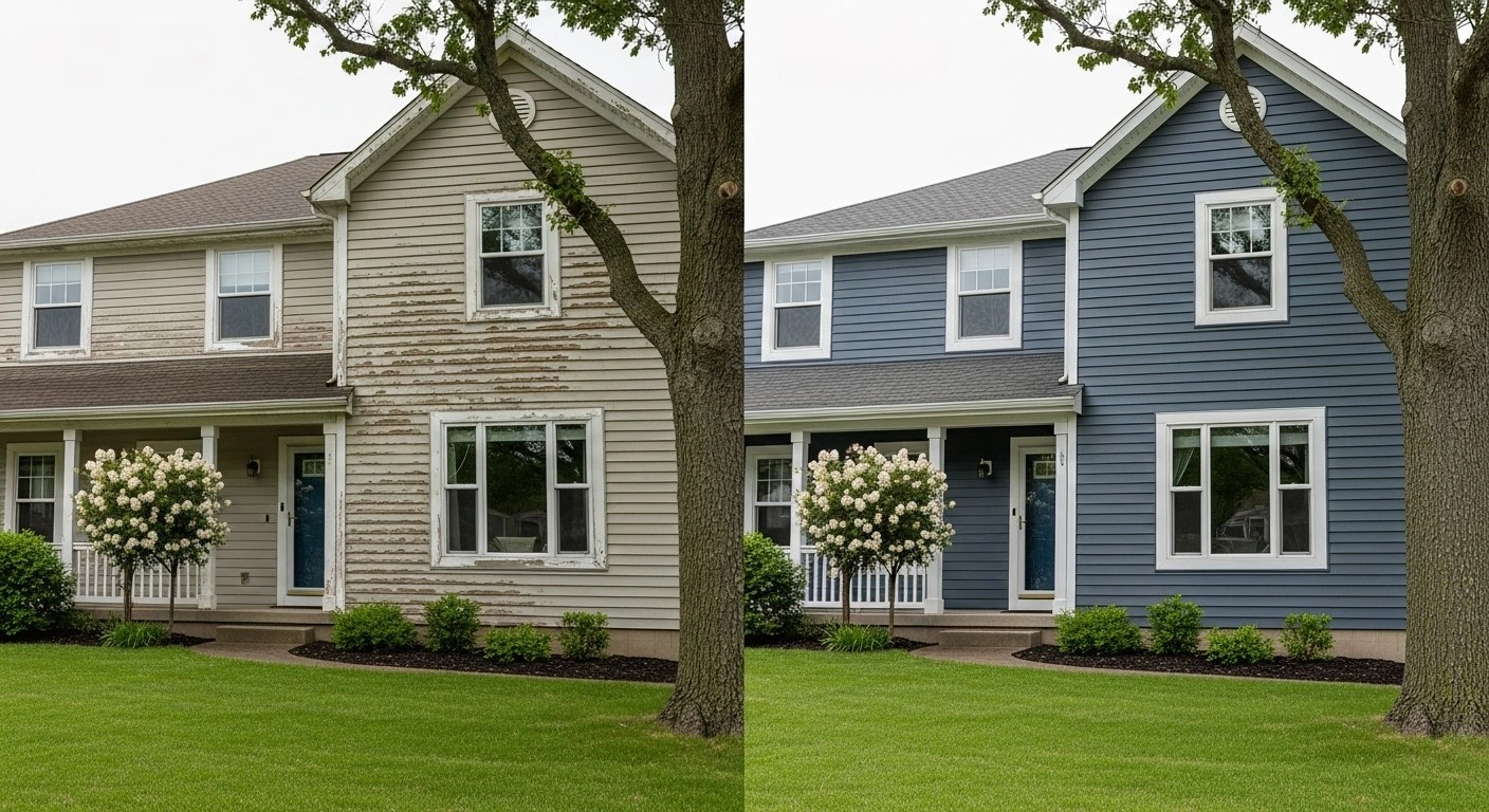 Home before with old grey siding and after with new blue siding and white trim.