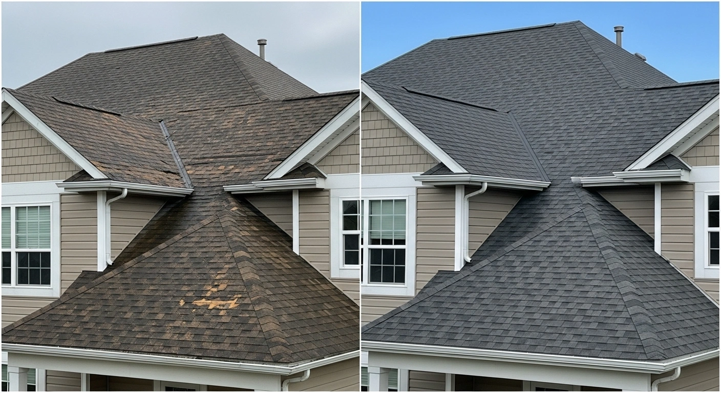 Roof before and after patching damaged sections and replacing shingles.