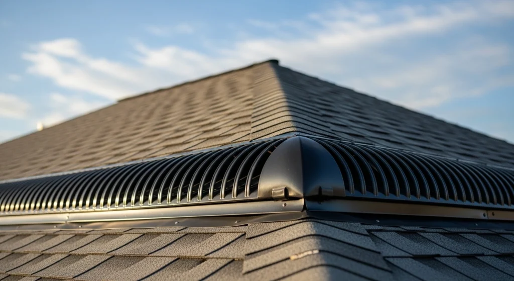 Close-up of a black ridge vent installed along the peak of a shingle roof.