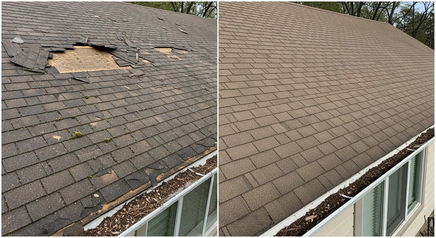 Roof before and after damaged shingle replacement and restoration.