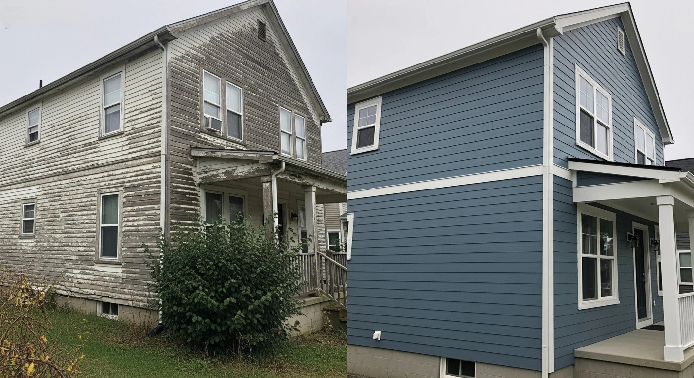 House before with weathered siding and after with fresh blue siding.