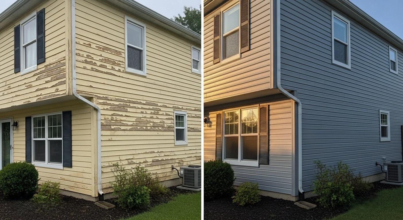 House before with faded siding and after with modern two-tone siding.