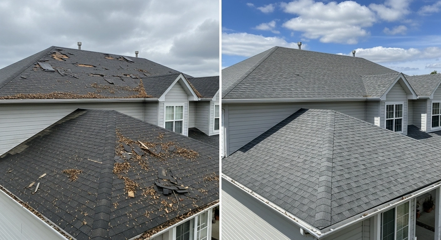 Severe Roof Damage Repair Before and After
