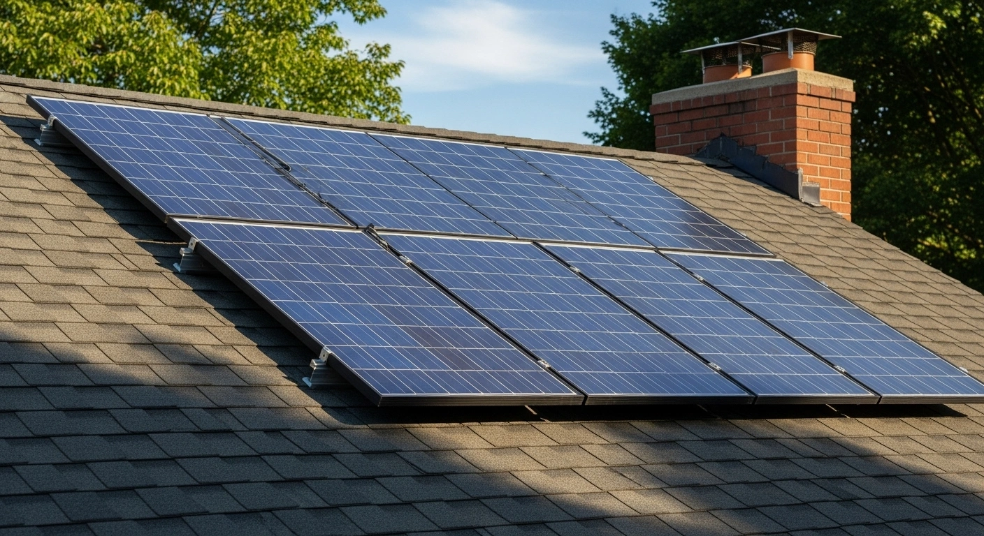 Angled view of rooftop solar panels under bright daylight.