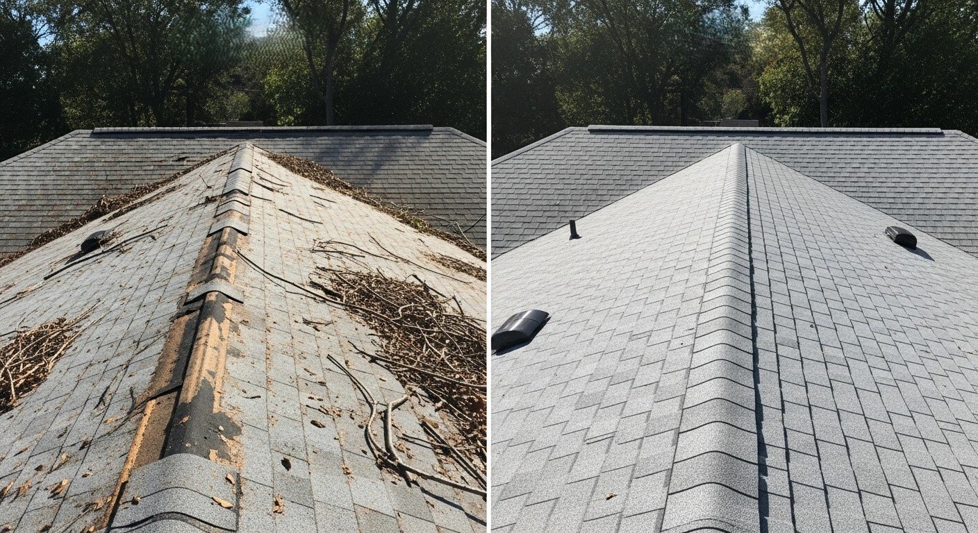 Side-by-side comparison of a roof before and after debris removal and cleaning.