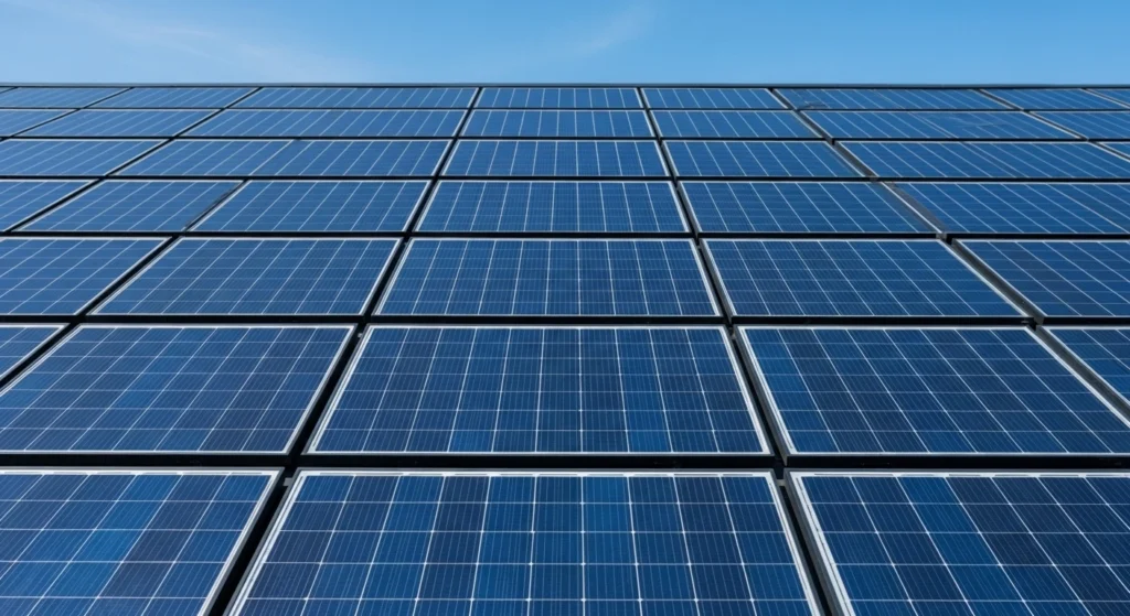 Close-up view of modern solar shingles on a roof.